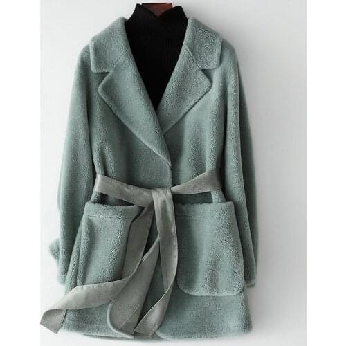 Khaki Medium Length Women Wool Coat with Belt Sheath Beige Slim Autumn Winter Temperament Natural Fur Coat Blue Real Fur Outwear