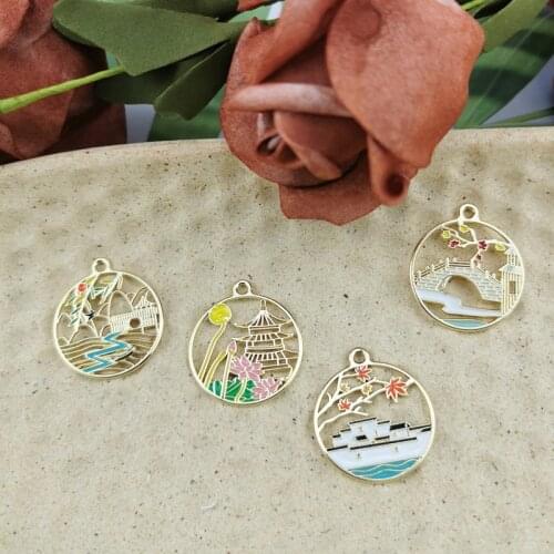 10pcs Chinese Style Building Lotus Finding Jewelry Hollow Alloy Charms Diy Necklace Pendants Earings Necklace Crafts