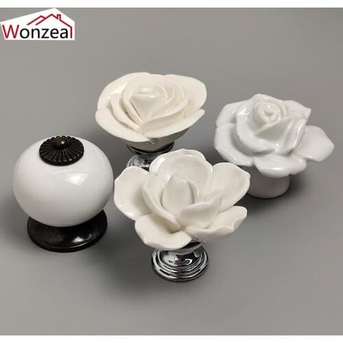 2PCS Ceramic Handles White Flower Rose Drawer Knobs Cabinet Cupboard Kitchen Door Pulls With Screws Furniture Handles