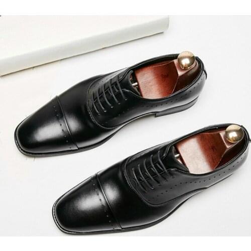 2020 New Gentleman Business Shoes Genuine Leather Mens Formal Wedding Square Toe Solid Lace-up Oxfors Shoe Dress Footwear