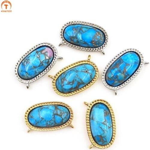 3pcs Natural Fashion Silver Gold Plated Gemstone Pendants Turquoise Jewelry Rough Handmade Womens Pendants Oval for Necklace