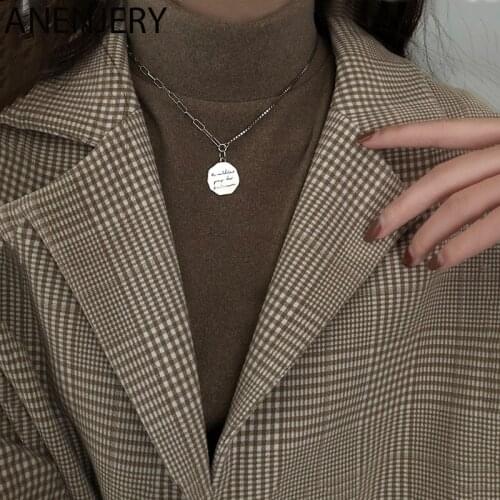 ANENJERY 925 Sterling Silver Irregular Round Disc Letter Pendant Necklace Vintage Charm Necklace Chains For Women Gifts S-N557