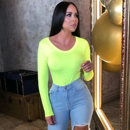 Basic Spring O Neck Long Sleeve Jumpsuit Black Gray Fluorescence Green Bodycon Elegant Bodysuit Women Combinaison Short Femme