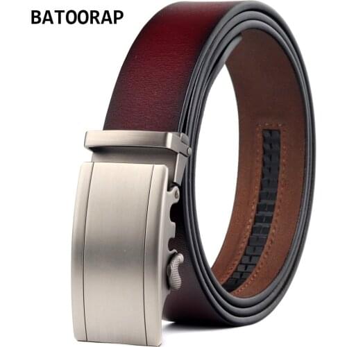 BATOORAP Brand Mens Leather Belt Automatic Buckle Metal Wine Red Retro Waist Adjustmen Strap Male Fashion Business Trouser Belt