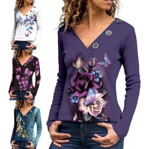 Quick Drying Trendy Long Sleeve Butterflies Print Tee Shirt Pullover Tee Shirt Buttons Decor for Daily Wear