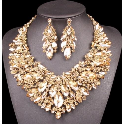 Indian Jewellery Bridal Jewelry Sets Gold Color Crystal Party Wedding Costume Accessories Necklace Earring Sets Gifts for Women