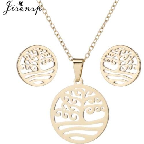 Jisensp Vintage Life Tree Stainless Steel Jewelry Sets for Women River and Tree Charm Necklace Earrings Fashion Jewelry Gift