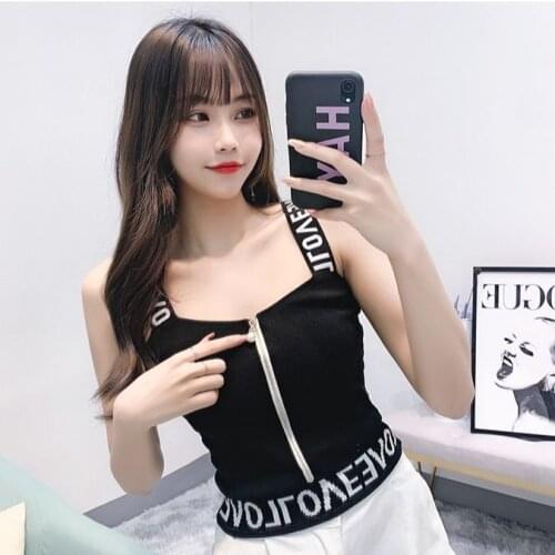 Women Tanks Tops Embroidered Letters Wide Camisole Vest Womens Summer Zipper Knitted High Waist Top Camis Crop Top For Women