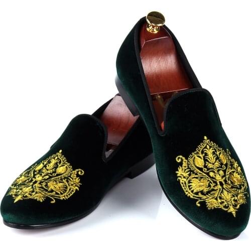 Men Casual Shoes Green Velvet Loafers Prince Albert Slippers Handmade Embroidered Footwear