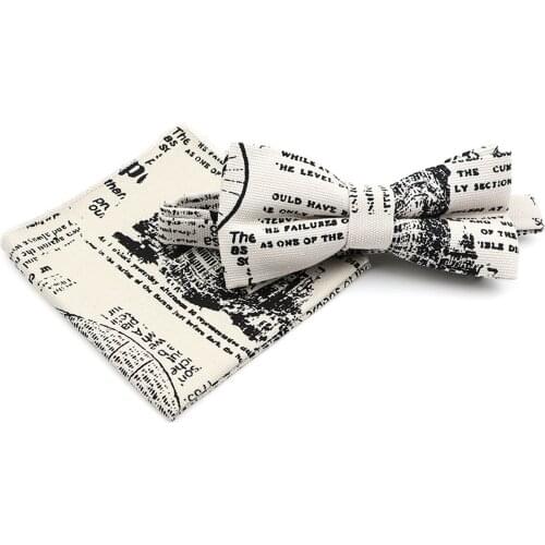 New Casual Linen Bowtie Handkerchief Set Floral Paisley Kitten Print Design Hanky For Men Party Gift Pocket Square Bow Tie Set