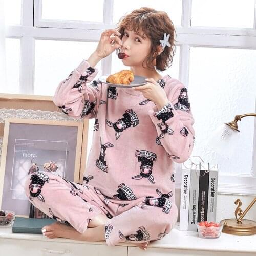 New Pajama Sets Women Winter Flannel Pyjamas Homewear Cartoon Clothes Suit Cute Nightwear Home Suit Long Sleeve Women Sleepwear