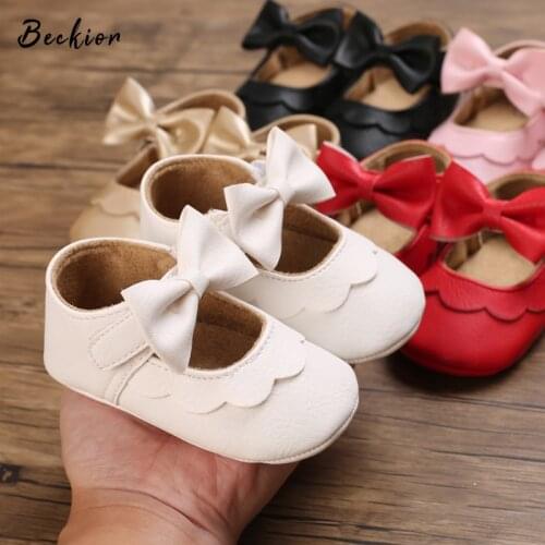 Beckior Baby Infant Girls Princess Mary Jane Flat Shoes Newborn Toddler PU Knot Bow Solid First Walker Non-Slip Prewalker Shoes