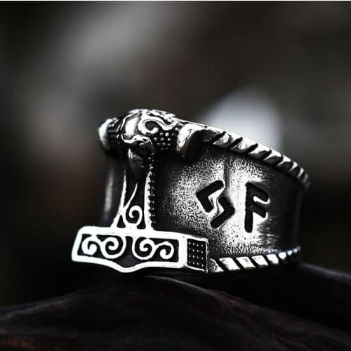 Son of Odin Hammer Biker Ring Viking Mens Mjolnir Stainless Steel Rune Amulet Rings Norse Jewelry Gift