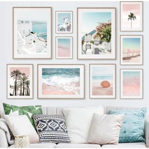 Pink Sea Beach Waves Parasol Coconut Tree Wall Art Canvas Painting Nordic Posters And Prints Wall Pictures For Living Room Decor