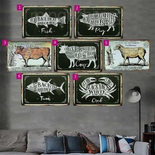 Butcher Guide Cuts Beef Pig Fish Meat Collection Metal Tin Sign Shop Wall Decor Retro Wall Plaques Signs Metal Painting Craft