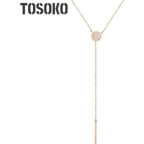 TOSOKO Stainless Steel Jewelry Star Zircon Inlaid Flower Pendant Necklace Trendy Long Sweater Chain For Women BSM038