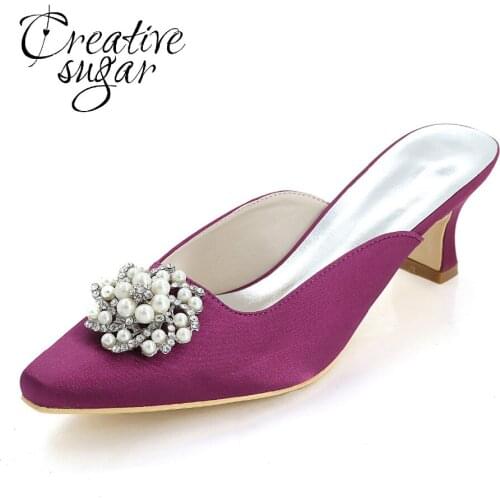 Creativesugar lady Mules hoof heel satin evening dress shoes pearl rhinestone charm pointed toe pumps Champagne ivory purple