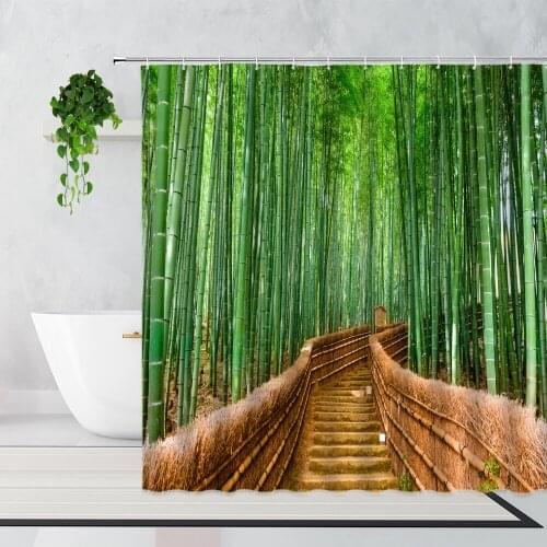 Spring Green Bamboo Forest Scenery Shower Curtain Corridor Waterfall Koi Print Background Home Decoration Curtain Set With Hooks