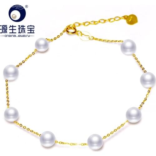 YS Real 18K Gold 5-6mm White Pearl Bracelet Chinese Freshwater Pearl Bracelet Jewelry