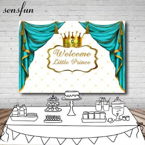 Sensfun Turquoise Curtain Prince Gold Crown Baby Shower Backdrop For Photo Studio Headboard 1st Birthday Party Backgrounds 7x5ft