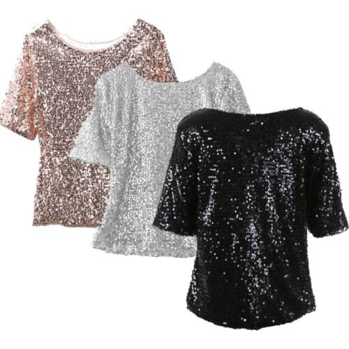 Womens Glistening Sequins T-Shirts Short Sleeve Tops Fashion T-Shirts