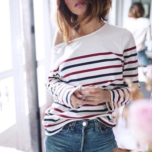 Loic Striped Shirt Women 2021 Long Sleeve O neck Let Shoulder Button Casual Tees Summer Autumn Vintage T Shirt Streetwear