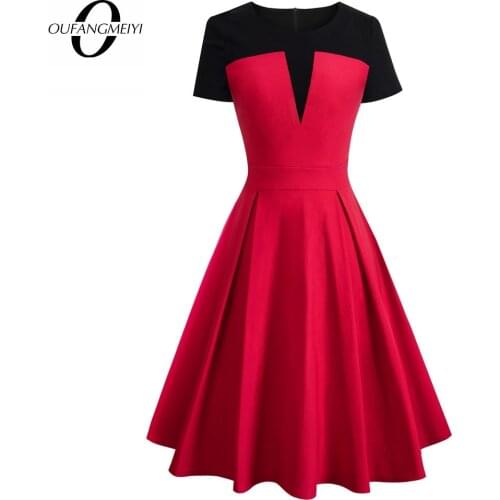 Women Summer Short Sleeve Patchwork Party A-line Vintage Flare Swing Casual Dress EA088