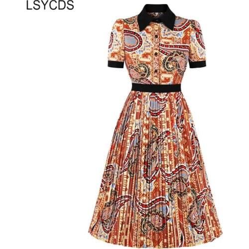 LSYCDS Women Pleated Dresses New Style Turn Down Collar Button Up Multicolor Print Short Sleeve Christmas Elegant Party Dress