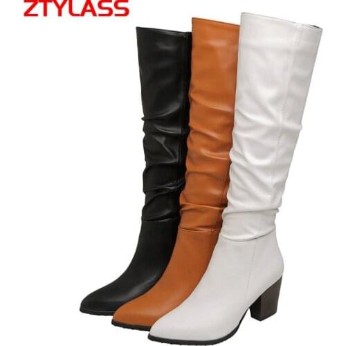 2021 Fashion Pleated Knee High Boots Autumn Winter Women Boots Square High Heel Long Boots Zippe Pointed Lady Shoes Black White