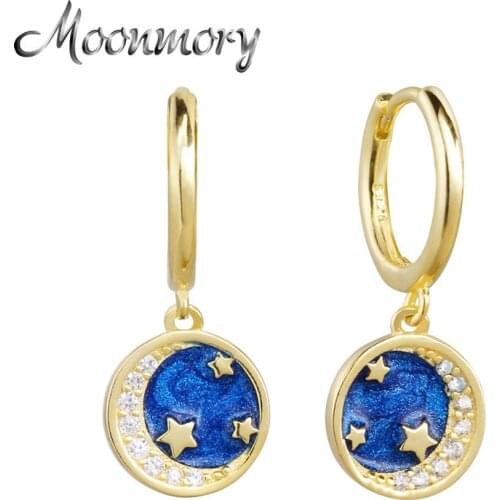Moonmory 100% 925 Sterling Silver Blue Starry Sky Crystal Moon Earrings For Women Party Dating Hoop Earrings European Jewelry