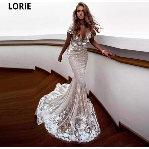 LORIE Vintage Lace Mermaid Wedding Dress Turkey Vestido de Novia Sequin Lace Sheer Bridal Gowns Robe Mariee Sexy Party Gown Long