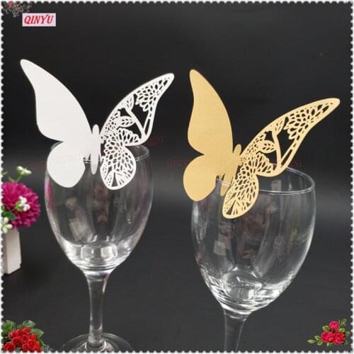100PCS Lovely Butterfly Wedding Cup Cards Wine Glass Cup Paper Card for Wedding Party Decoration Supplies Name Place Cards 9Z