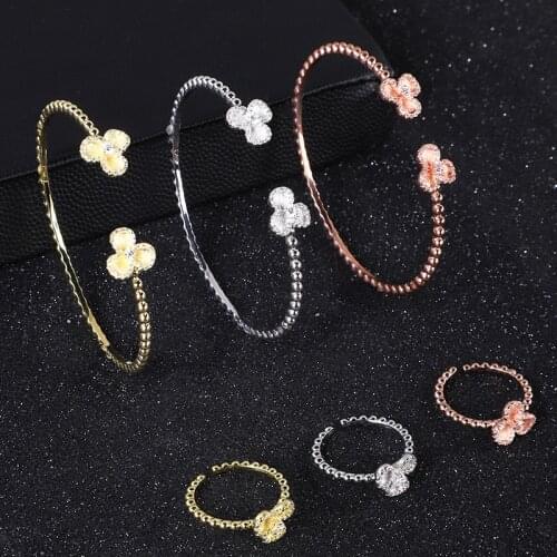 3Sets/Package Luxury Flower Saudi Arabia Bangle Ring Set For Women Micro Cubic Zircon Pave Party Wedding Dubai Jewelry