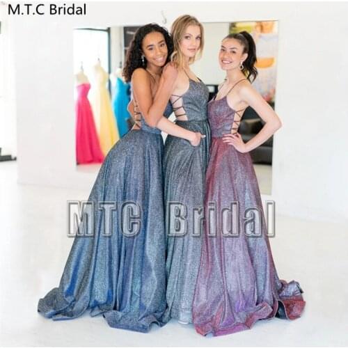 Glitter Backless Sexy Prom Dresses Spaghetti Straps A Line Charming Girls Wedding Party Dress Plus Size Graduation Gowns Cheap