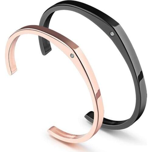 Stainless Steel Zircon C Shaped Rose Gold Cuff Bangle Bracelet Women Men Lovers Bangle Gift For Him