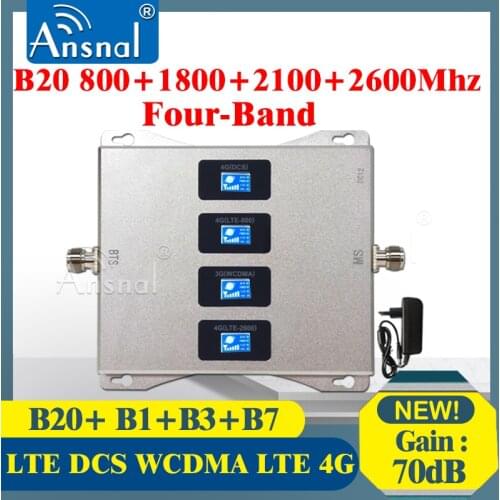 Four-Band B20 800 1800 2100 2600Mhz 4G Cellular Signal Booster GSM Repeater 2G 3G 4G CellPhone Cellular Amplifier 4G LTE DCS GSM