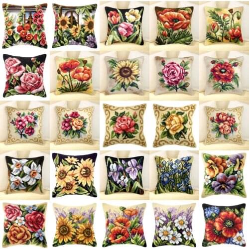 Flowers 04 NEW DIY Needlework Kit Acrylic Yarn Embroidery Pillow Tapestry Canvas Cushion Front Cross Stitch Pillowcase