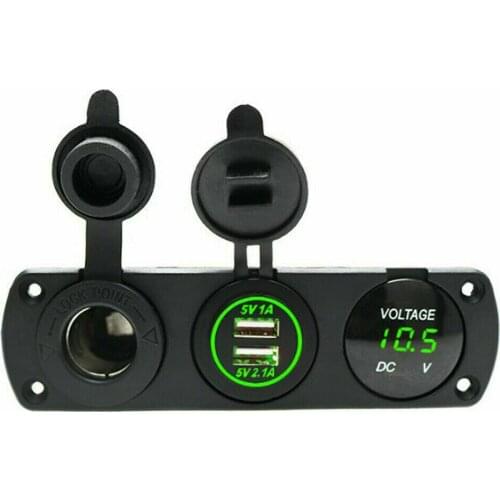 DC 12V-24V Car Cigarette Lighter Socket + Dual USB Charger + Green LED Voltmeter With Screws Insulated Terminals