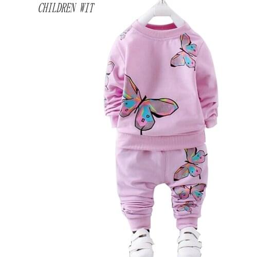 CHILDREN WIT Spring Autumn Baby Clothing Sets 1-3 Year Baby Girls Clothes Cotton Butterfly Print Sweatshirts+Pants Suit