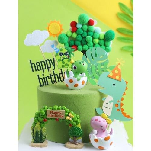 Cute Cartoon Broken Shell Dinosaur Green Leaf Fur Ball Wishing Tree Printing Dinosaur CakeTopper Plug-in Birthday PartDecoration