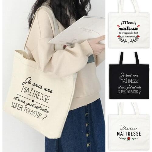 French Best Teacher Life Print Fashion Women Canvas Shopping Bag Eco Harajuku Aesthetic Personalized Super Mistress School Bags