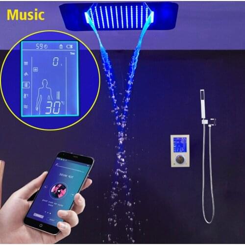 Bluetooth Music Touch Screen LED Shower Set Chrome Thermostatic Mixing Valve LCD Shower Rain Bathroom Waterfall Faucet 380*580mm