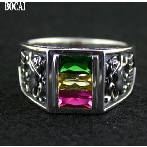 100% real s925 pure silver ring rasta vibration three-color crystal ring for man