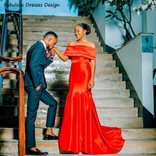 Red Mermaid Evening Dresses Off Shoulder Boat Neck Sweep Train African Women Long Party Dress Formal Gown