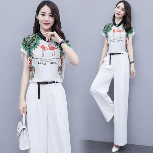 Summer Women Sets Short Sleeve Chiffon Blouse Wide Leg Pant Sashes Plus Sizes Two Piece Set Top and Pants Summer Tracksuit Women