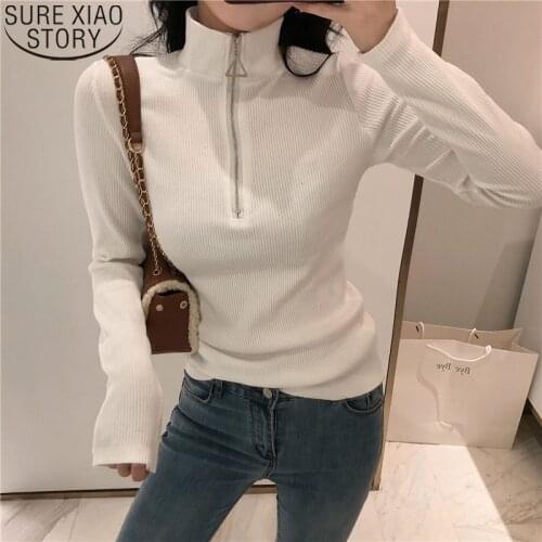 Korean Fashion Long Sleeve Sweater Hong Kong Style Sweater Turtleneck Women Autumn Winter Zipper Knitted Pullover Sweaters 11043