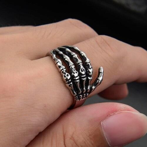 Valily Goth Biker Punk Rocker Skelton Hand Wrap Band Ring for Men Oxidized Silver Tone Stainless Steel Skull Bone Ring Jewelry