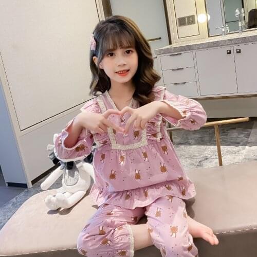2 Piece Girls Soft Pajamas Cartoon Pattern Sleepwear Long Sleeve Cotton Nightwear Children Home Clothing Night Wear Nighty
