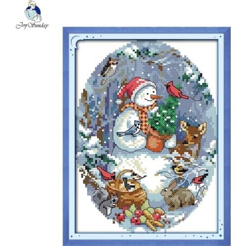Joy Sunday Handmade Needlework Counted Cross Stitch Set Embroidery Kit The Snowmans Friends Pattern Cross-Stitching Home Decor