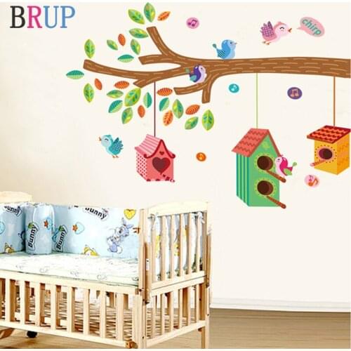Cartoon Birdcage on The Tree Wall Stickers Lovely Birds Home Decor for Kids Room Art Vinyl PVC Wall Decals Removable